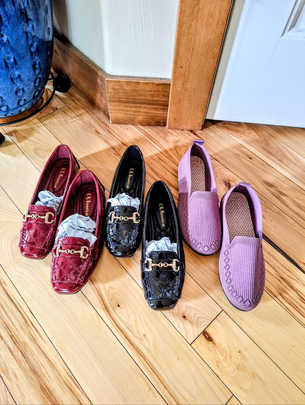New, 3 Pairs Women’s Patent Loafers and Knit Slip-Ons Black, Burgundy, Lavender